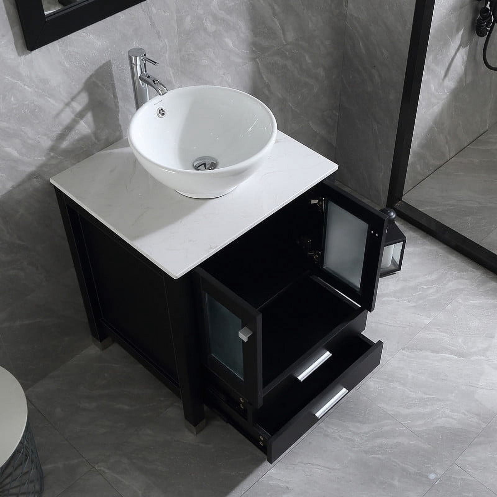 Walsport 24" Luxurious Bathroom Vanity and Sink Combo Wood Cabinet Top Round Ceramic Vessel Sink Faucet Drain Combo with Mirror Vanities Set,Black