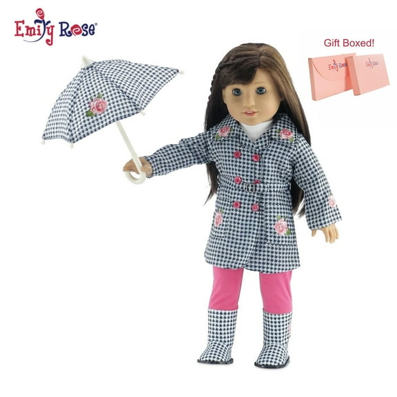 Emi1y Rose 18 Inch Doll Clothes | Lovely 5-Piece 18" Doll Raincoat Outfit, Including Matching Doll Rain Boots and Working Umbrella | Fits American Girl Dolls