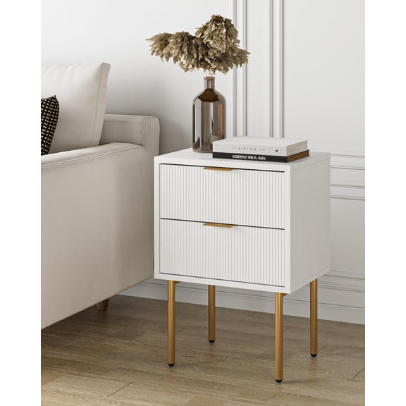 Bedside table, mid-century modern style bedside cabinet with two storage drawers, compact gold-framed side table, suitable for bedrooms and living rooms, white