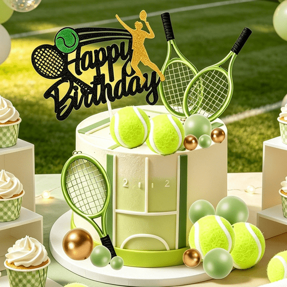 Tennis-themed birthday cake decoration - black 'Happy Birthday' cake topper, perfect for birthday parties, anniversaries, and themed gatherings