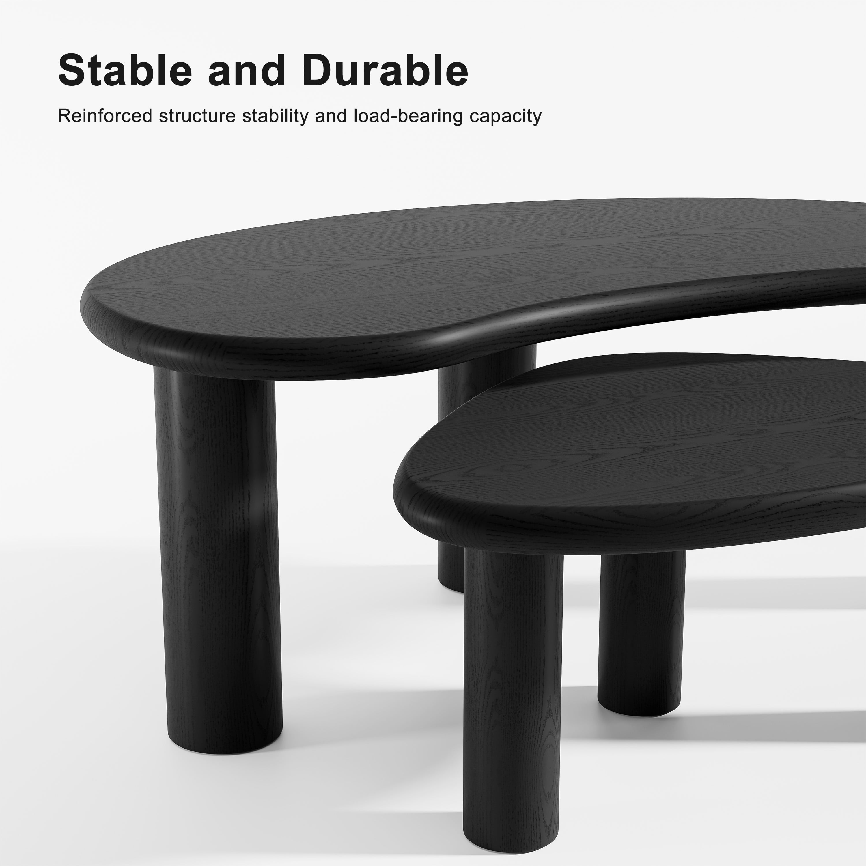 MAYEERTY 48" Cashew - Shaped Coffee Table Set, Modern Solid Wood Irregular Side Table for Living Room, Black