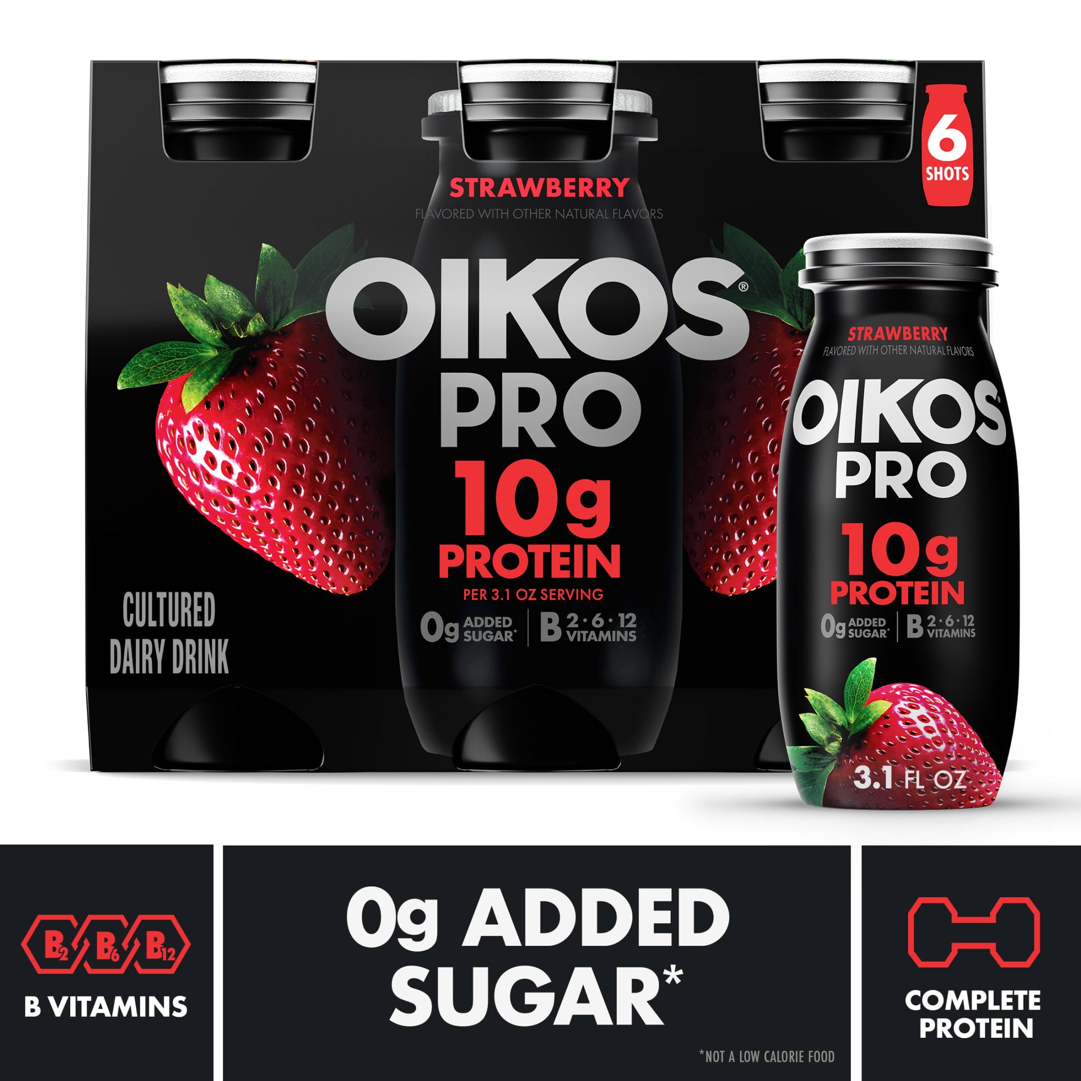 (4 pack) Oikos Pro Shots 10g Protein, Strawberry Cultured Dairy Drinks Bottles, 3.1 fl oz, 6 Count​