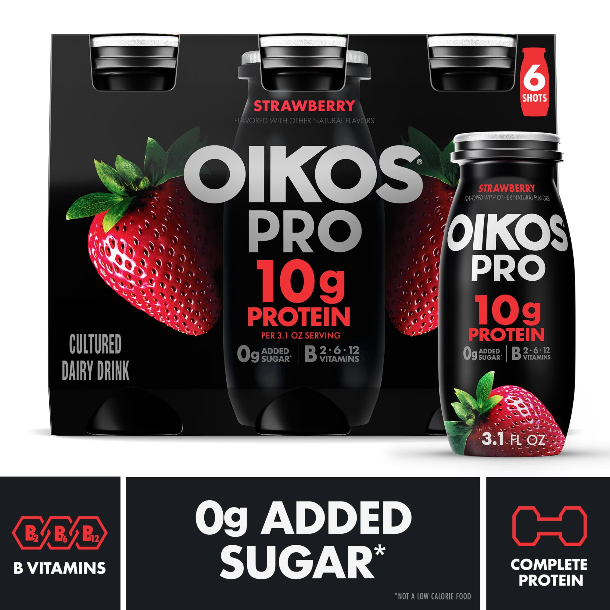 Oikos Pro Shots 10g Protein Strawberry Cultured Dairy Drinks Bottles, 3.1 fl oz, 6 Count