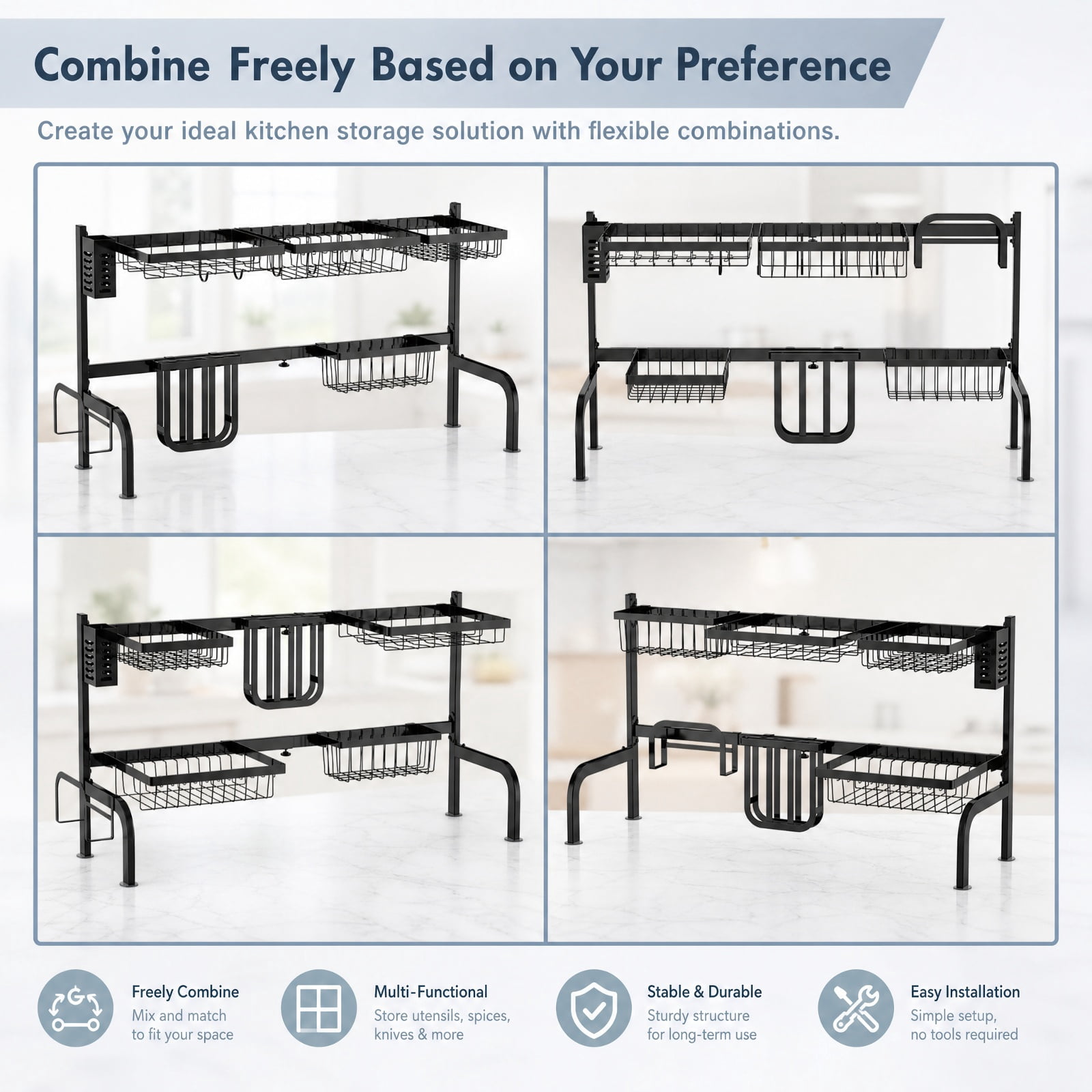 RUIE 2-Tier Over Sink Dish Drying Rack, Adjustable Dish Rack with 4 Baskets, Utensil Holder, Cutting Board Holder and 8 Hooks - Black