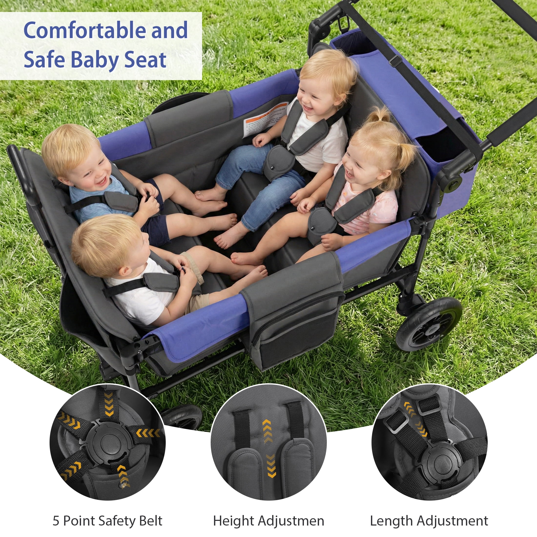 Minikid Baby Stroller Wagon for 4 Kids,Multifunctional Wagon with Detachable Canopy,Adjustable Handlebars,Easy Storage,Dark Grey