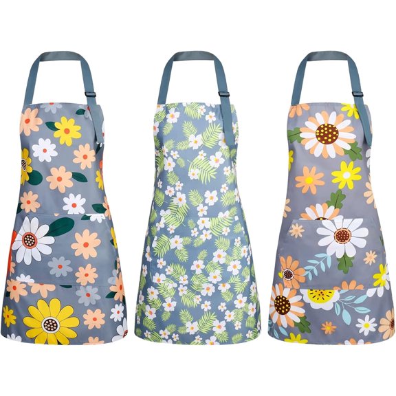 BOUMUSOE 3 Pack Floral Aprons with Pocket, Blooming Womens Aprons Waterproof Adjustable Cooking Aprons for Kitchen Gardening and Salon