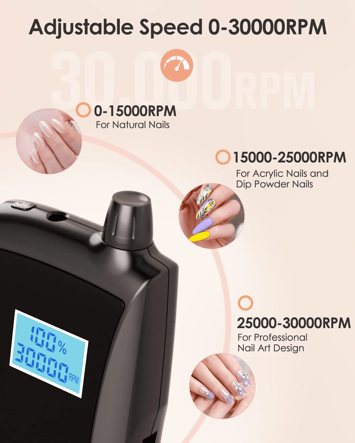 Cordless Nail Drill with 30,000 RPM & LED Display - Rechargeable Electric File with UV Lamp for Drying - Portable Manicure Tool for Acrylic Gel Nails - Low Noise Design