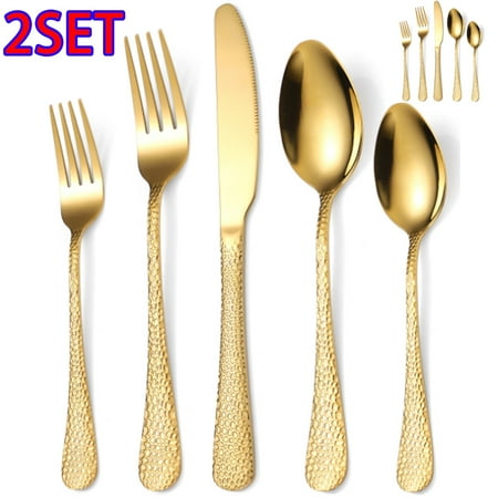 

Lishuaiier 2SET Hammered Flatware Cutlery Set Stainless Steel Eating Utensils for Kitchen Hotel Restaurant Party Modern Design & Mirror Finished - Dishwasher Safe (Golden)