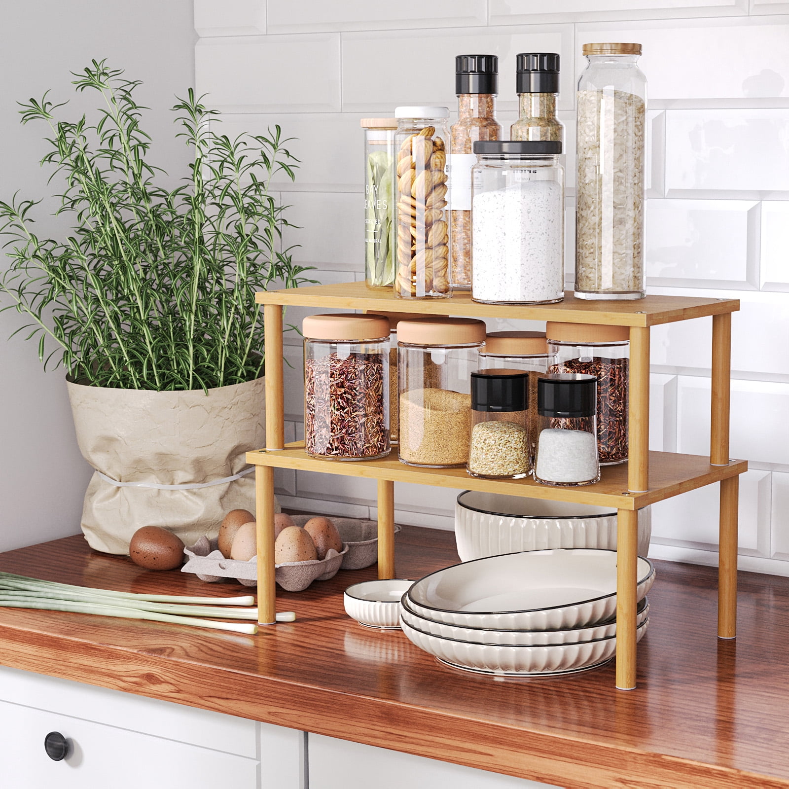 Cabinet Organizer Shelf(Set of 2),Kitchen Counter Shelves,Bamboo Spice Rack Countertop and Cabinet,Stackable Expandable,Large