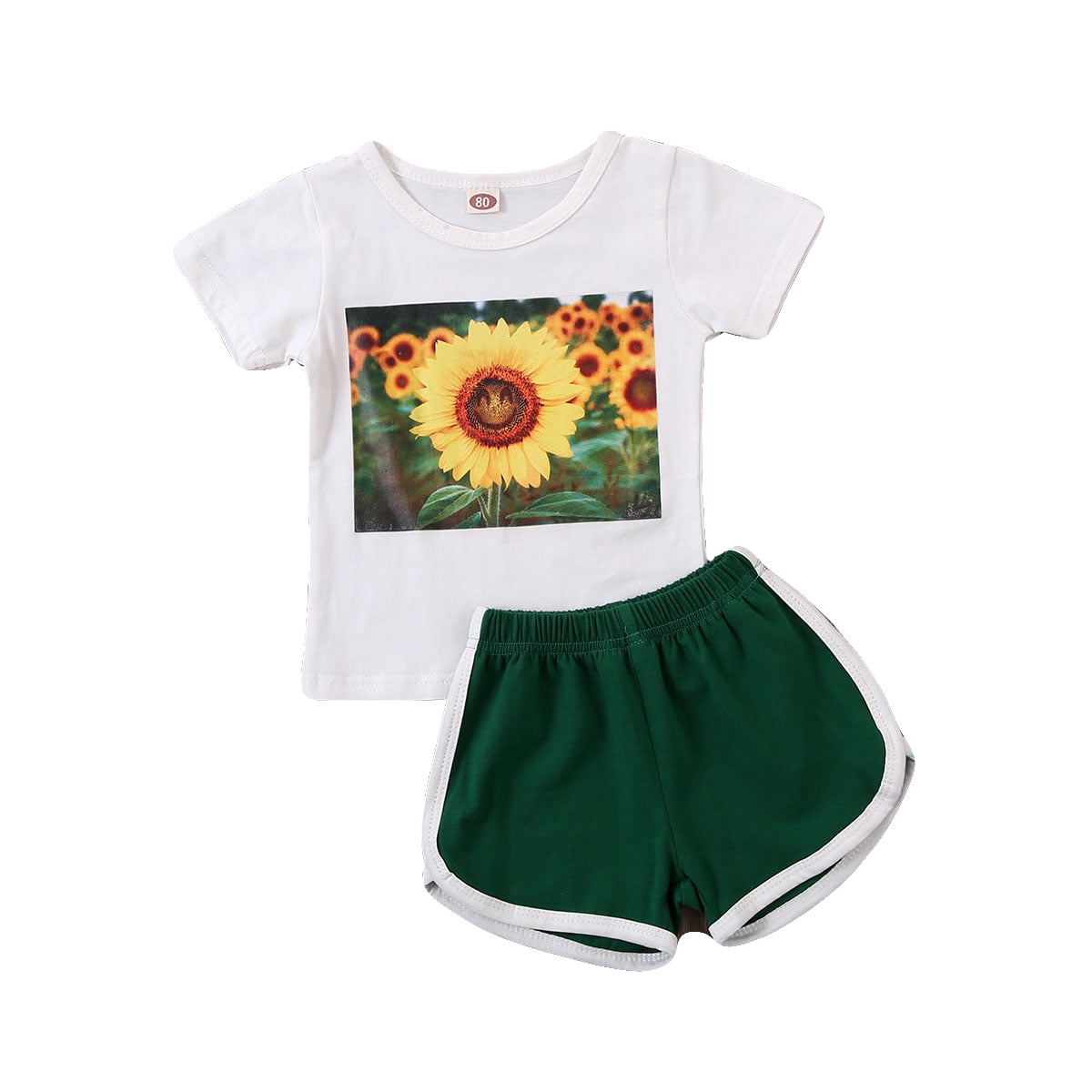 2PCS Children Kid Girl Sunflower Print Long Sleeved Top Clothes+Shorts Outfits X 