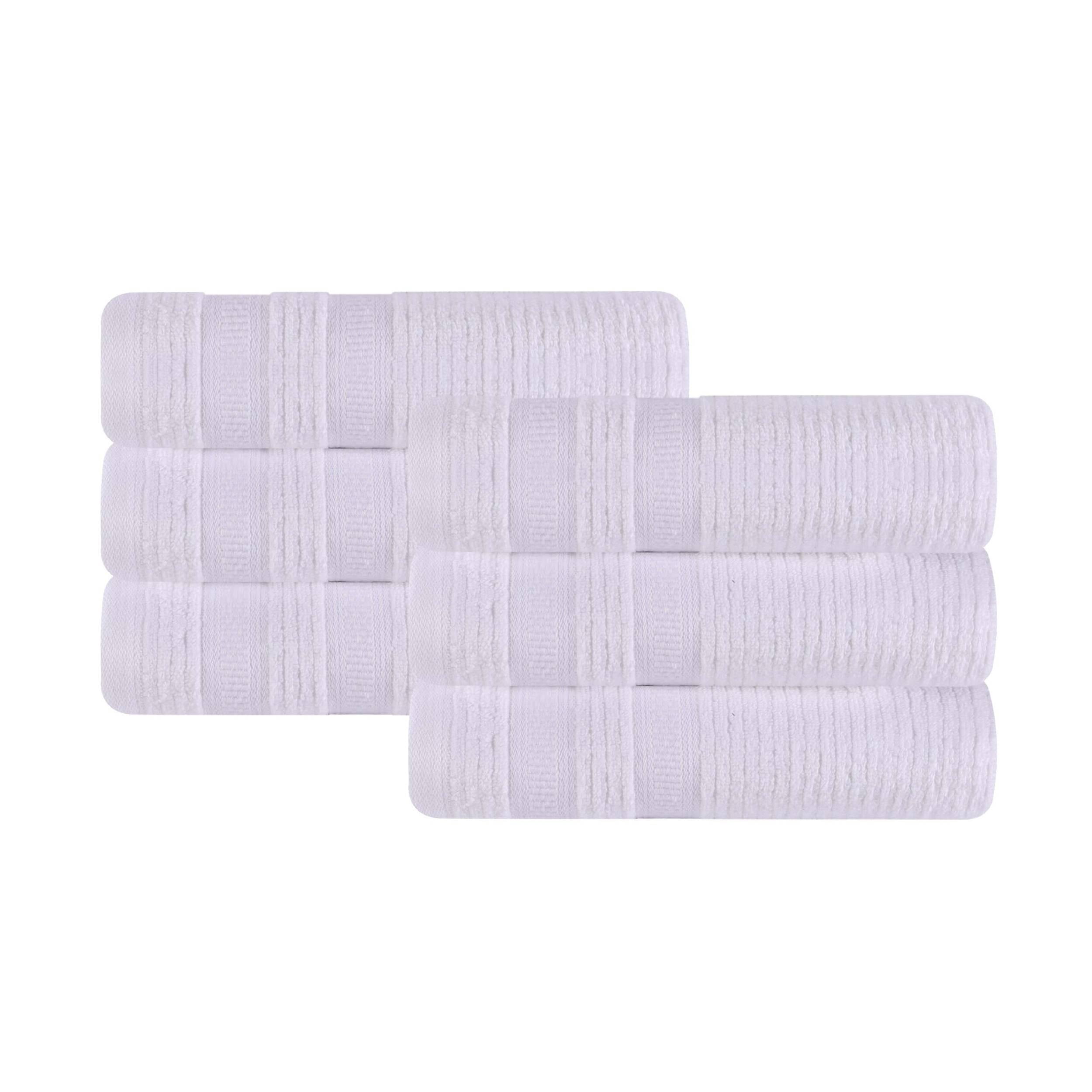 Superior Zero Twist Cotton Ribbed Geometric Hand Towel Set of 6, Ultra Soft Quick Dry, White