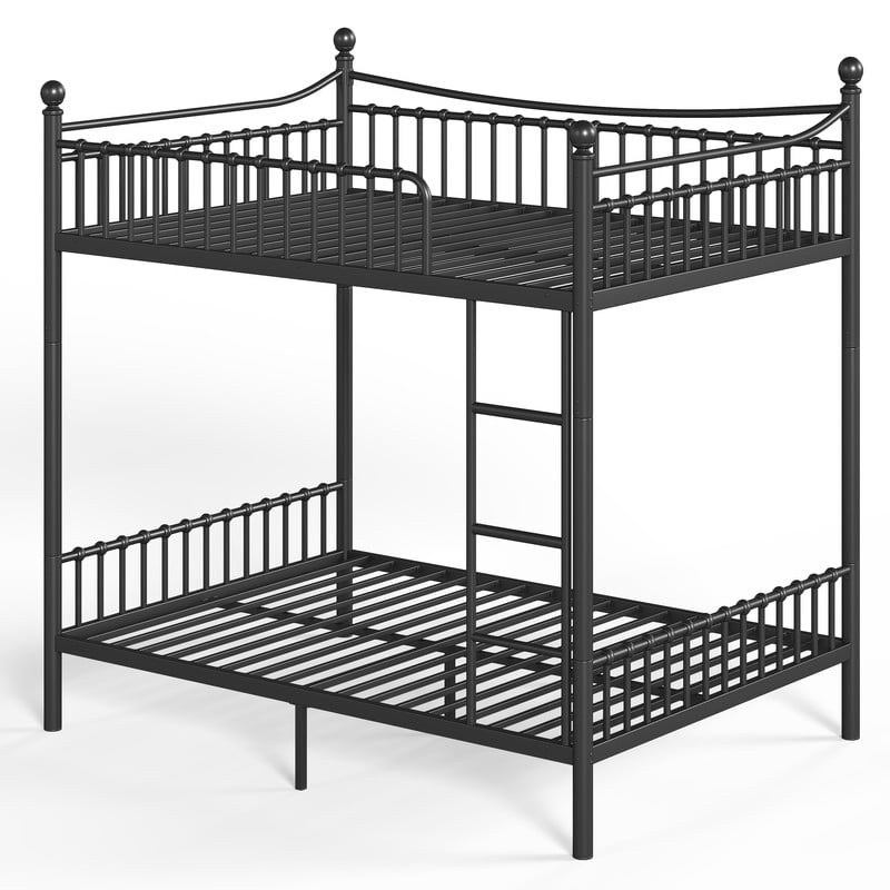 Full over Full Metal Bunk Bed with Curved Guardrail, Round Tube Bedpost Detachable Bed Frame for Kids, Teens & Adults