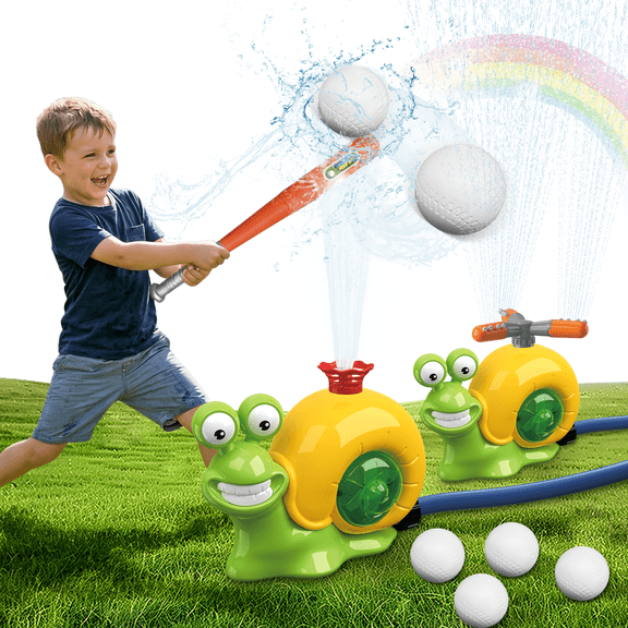 WIDELAND Water Sprinkler Baseball Toy Snail for Kids 3–12, 2 in 1 Outdoor Dual Sprayer Hitting Game with 360° Adjustable Spray, 80–120cm Water Jet Summer Toy for Backyard, Lawn, Pool Party