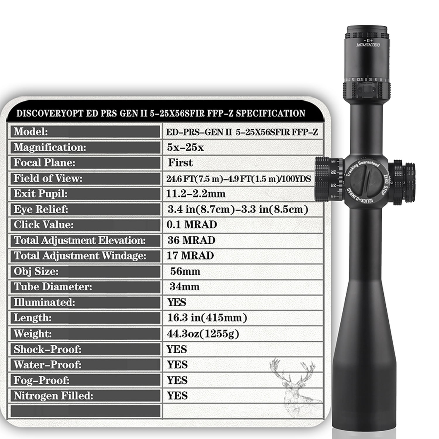 DISCOVERYOPT ED-PRS GEN2 5-25X56 Side Parallax Adjustment Riflescope 6-Stage Illumination 34MM Tube