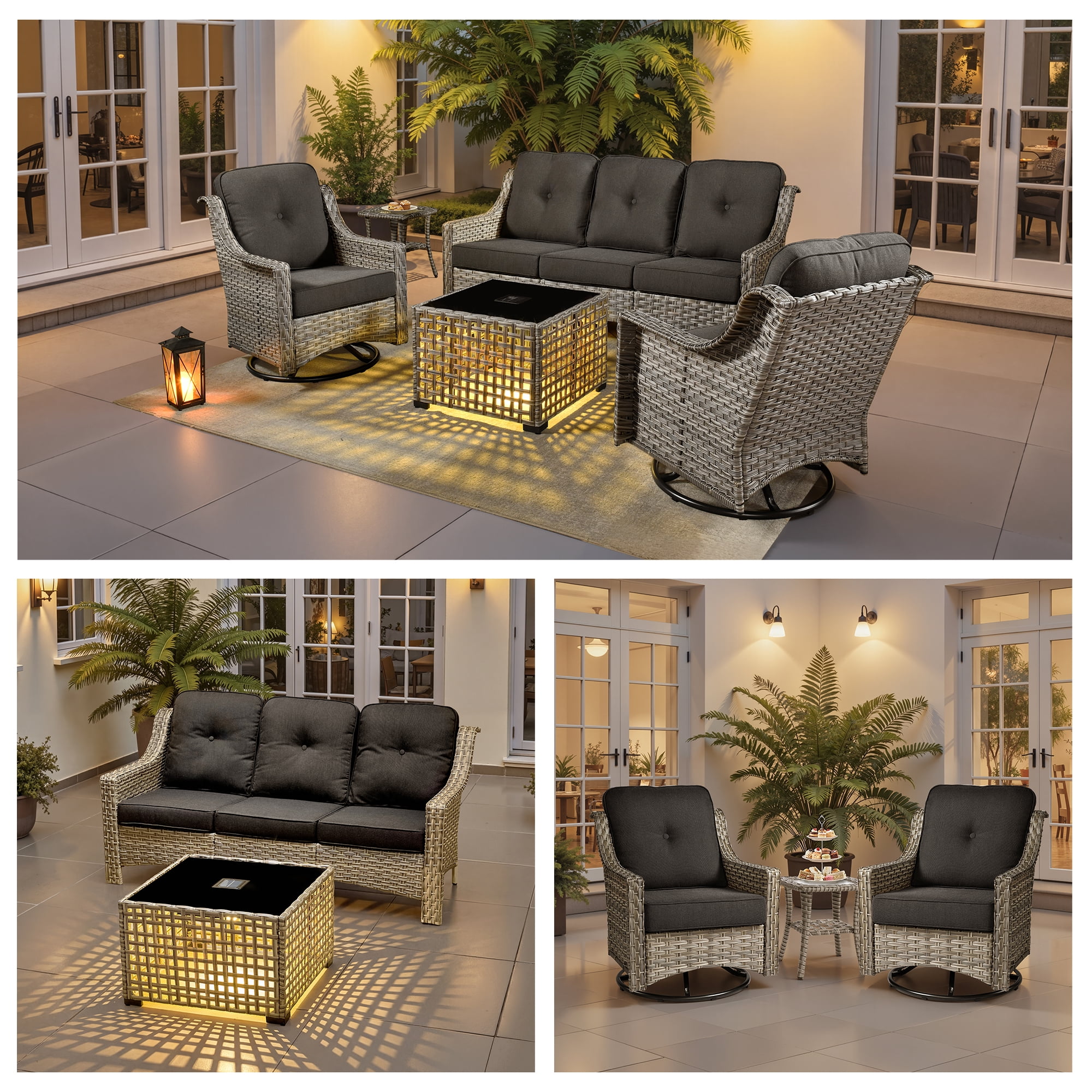 Ovios 5 Pieces Outdoor Patio Furniture Set High-Back Rattan Wicker Conversation Set Outdoor Sectional with Swivel Chairs & Solar Light Coffee Table, Black