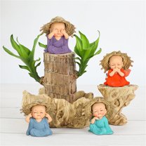 Sunshinehomely 4 Pcs Brazilian Wood Green Plant Monk Statues, Small Monk Figurine Cute Car Dashboard Ornaments Resin Little Monk Figurine for Home Office Decor