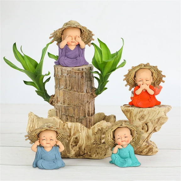 Sunshinehomely 4 Pcs Brazilian Wood Green Plant Monk Statues, Small Monk Figurine Cute Car Dashboard Ornaments Resin Little Monk Figurine for Home Office Decor