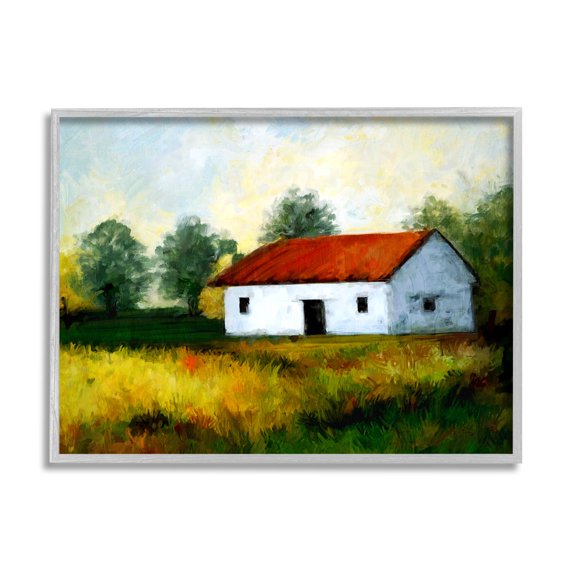Stupell Industries Countryside Meadow Cottage Landscape Painting Gray Framed Art Print Wall Art, Design by Ziwei Li
