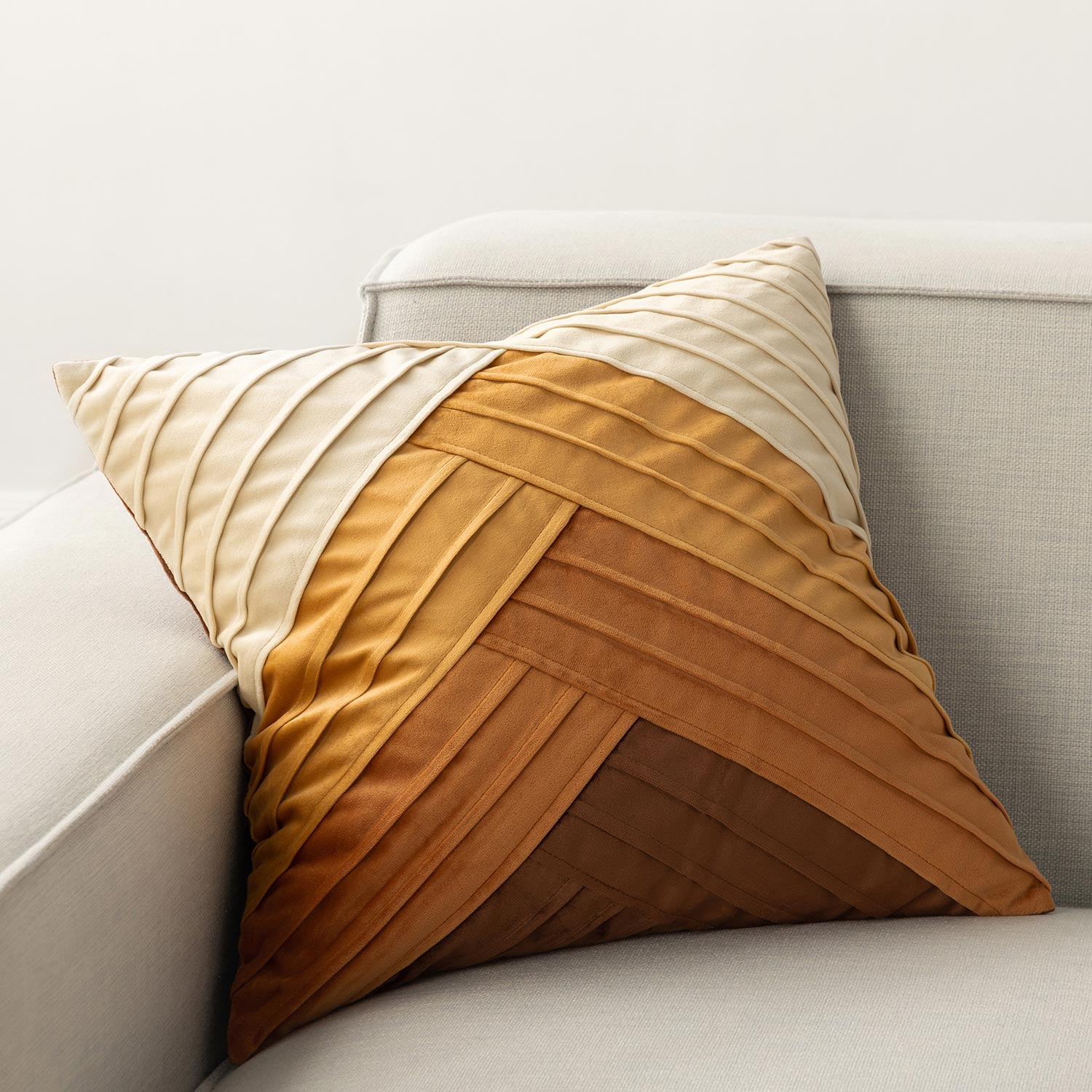 Phantoscope Pleated Velvet Geometric Throw Pillows, Chevron Patchwork Decorative Accent Pillows, Brown and Amber Gold, 18 x 18 in, Set of 2