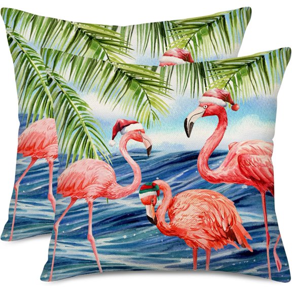 Christmas Pillow Covers 20x20 Inch Set of 2 Coastal Flamingo Santa Hat Throw Pillow Covers Christmas Beach Tree Ocean Xmas Winter Pillowcase Home Decor Cushion Case for Sofa Couch