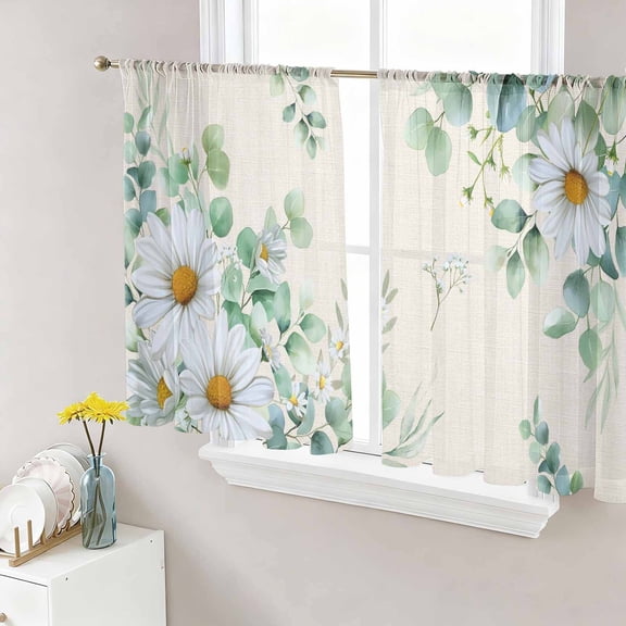 Spring Floral Sheer Curtains 45 Inch Length 2 Panels Set, Daisy Eucalyptus Leaves Watercolor Rustic Voile Window Treatment Rod Pocket Small Kitchen Curtains Drapes for Bedroom 52"x45"x2