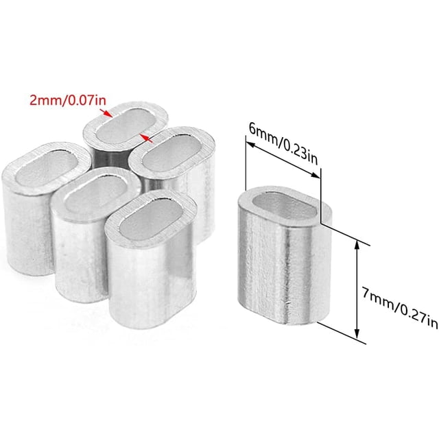 100 piezas de clips de manguitos de aluminio, virolas de cable de aluminio, manguitos de prensa de aluminio ovalados para cable de 2 mm (plata) ShuxiuWang 8390606638533