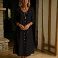 thumbnail image 3 of Ohufall Women Dresses Cotton Linen Button Crew Neck Long Sleeve Dress Pleated Loose Comfort Casual Maxi Dress, 3 of 6