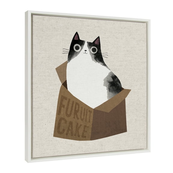 Kate and Laurel Sylvie Furuit Cake Framed Canvas Wall Art by Planet Cat, 22x22 White, Cute Adorable Cat in a Box Art for Wall Home Decor