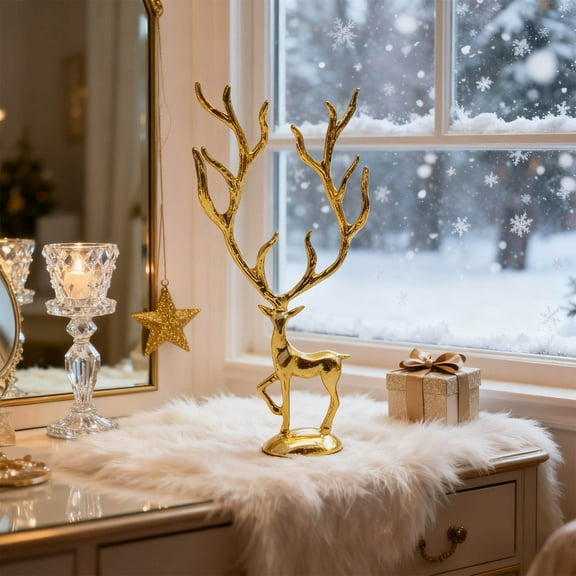 Reindeer Christmas Decor, Gold Metal Reindeer Figurines, Modern Minimalist Xmas Sculpture, Elegant Indoor Holiday Decor, Table Centerpieces- Ideal for Home, Mantel, Living Room, Bedroom, Office