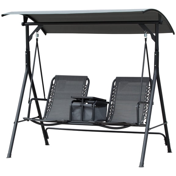 Dranite 2-Seat Porch Swing, Storage Table, Adjustable Canopy, Non-Slip, Mesh, Grey