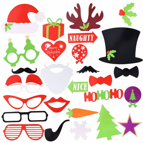 GOOHOCHY 28 Piece Set of Paper Photo Booth Props with Santa Hats Antlers for Party Decoration