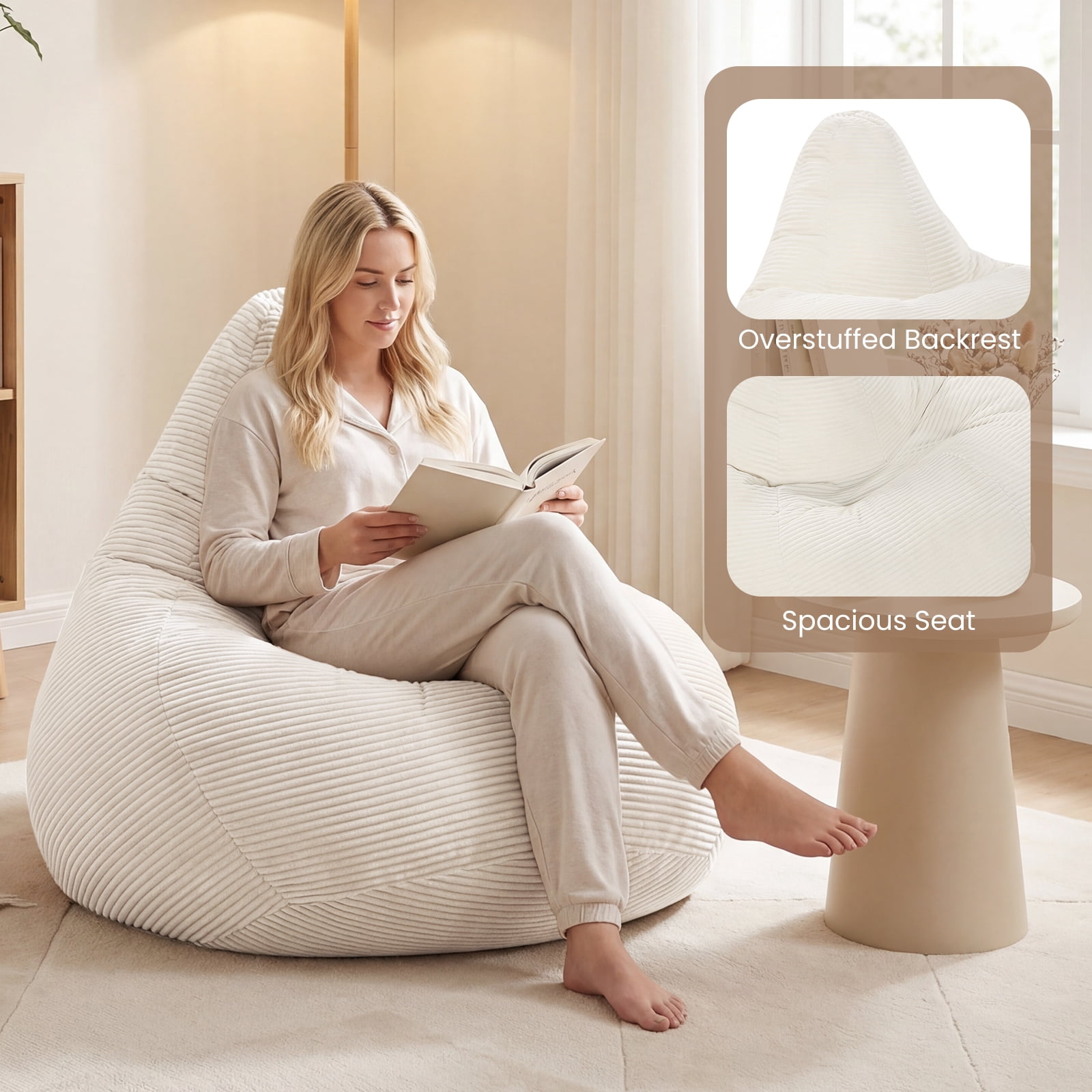 Costway Bean Bag Chair for Adults with Skin-friendly Corduroy Cover & Soft Sponge Filling Beige