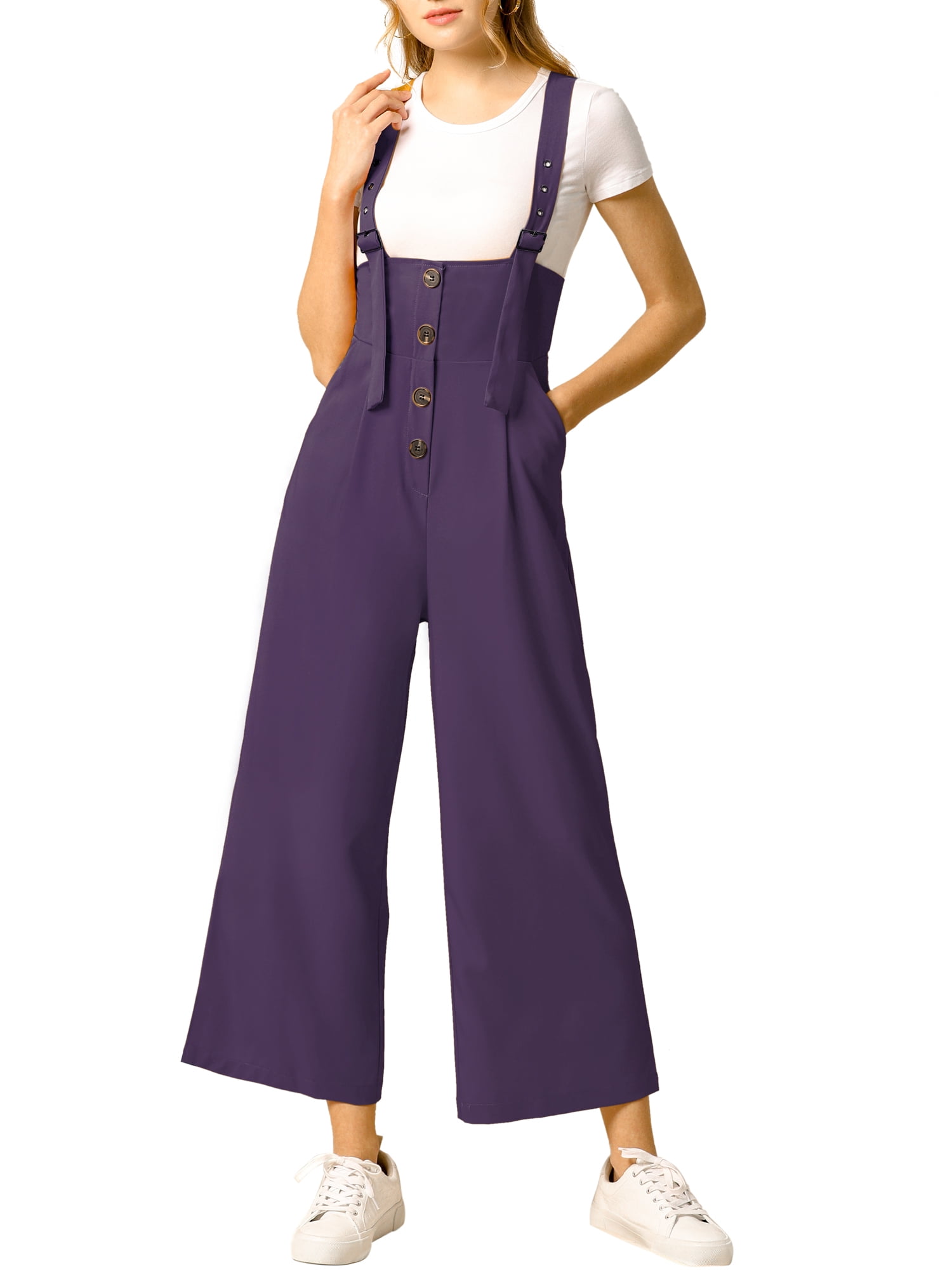 DARING DIVA Women's Button Front High Waist Belted Overall Jumpsuit M Dark Purple