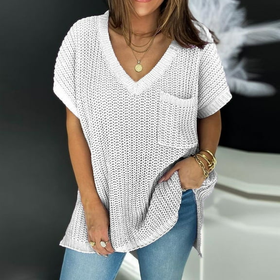 Honeeladyy Fashion Women Solid Color Short Sleeve Pullove V-Neck Casual Sweater Tops