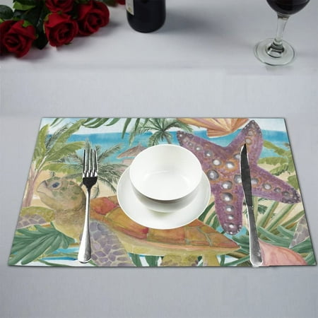 

ECZJNT Sea Turtle Seashell Starfish Placemat Plate Holder Set of 2 Tropical Palm Tree Leaves Table Mats Protector 12x18 inch