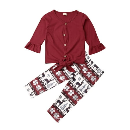 

Baby Girls 2Pcs Outfits Long Flare Sleeve Solid Color Tops Deer Print Pant Christmas Clothes Suits
