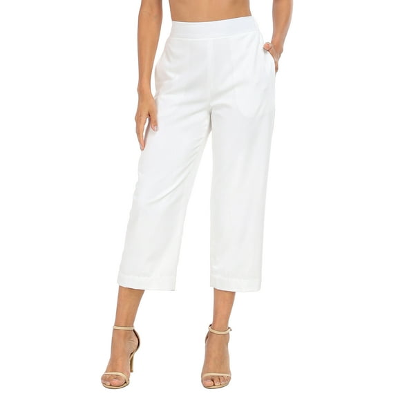 HDE Women's Pull On Linen Capri Cropped High Waisted Pants White - S