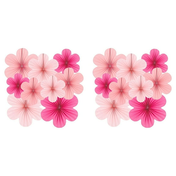 18X Pink Paper Fan Flower Set Decorations Paper Fans, Floral Pom Poms, and Garlands for Weddings, Birthdays