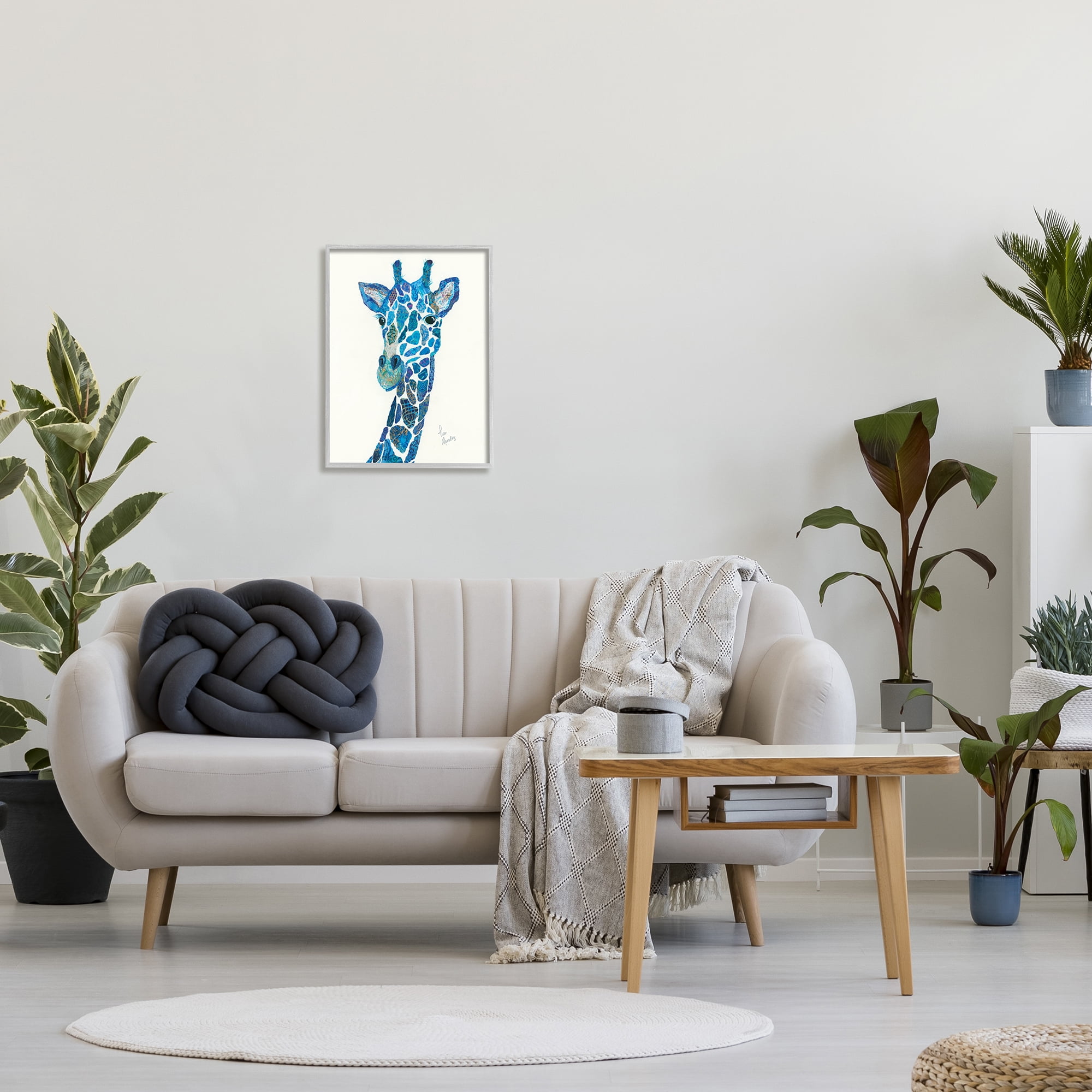Stupell Industries Blue Giraffe Varied Collage Assortment Animal Painting Graphic Art Gray Framed Art Print Wall Art, Design by Lisa Morales