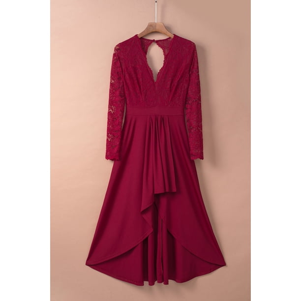 ABPHQTO Vestido de noche de dobladillo alto y bajo sin espalda de encaje con cuello en V rojo para mujer