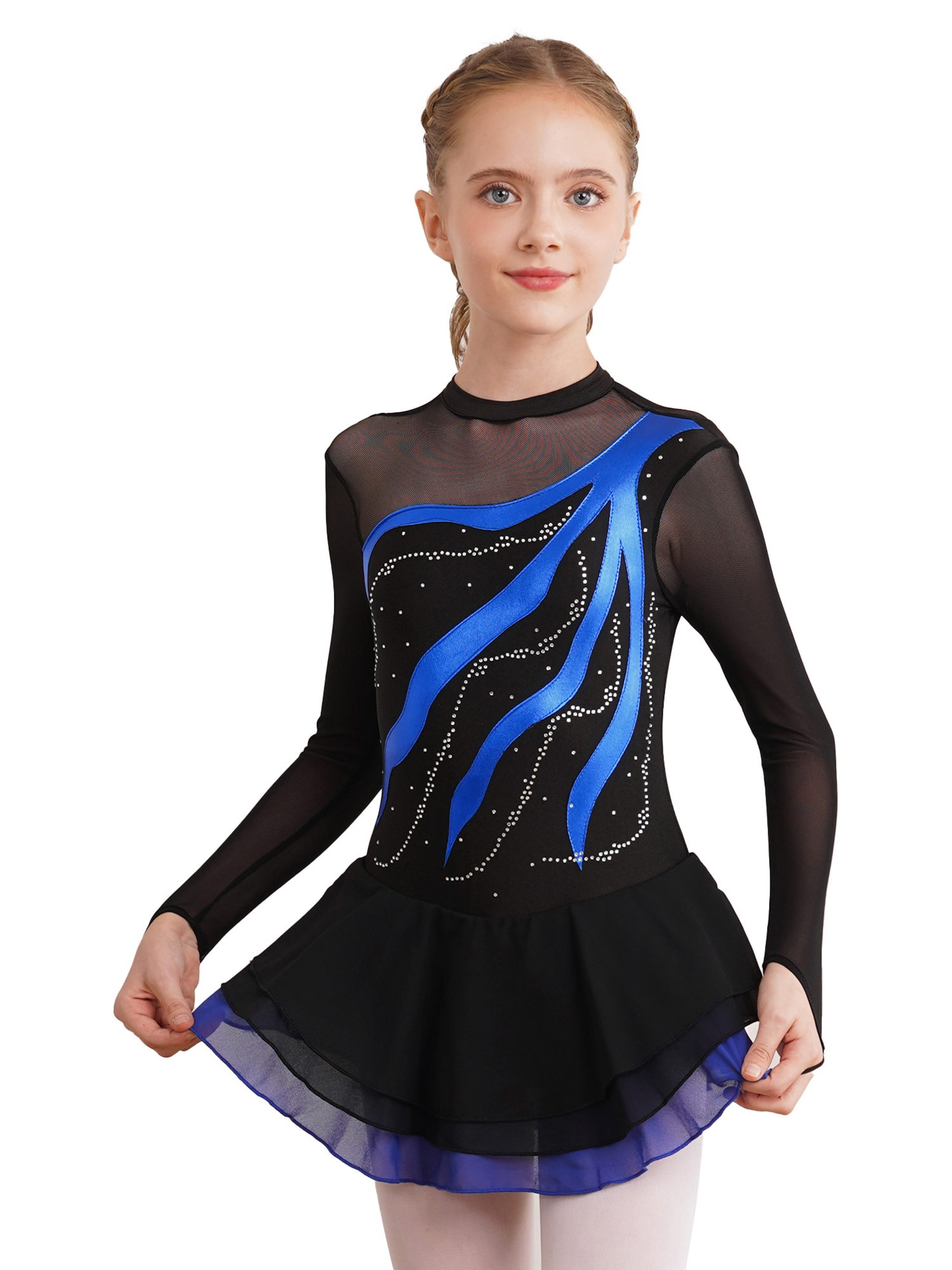 Robe De Danse Lyrique Fille - Justaucorps Strass, Manches Maille, Jupe Fluide - Pour Ballet, Gymnastique, Spectacle - Tailles 5-16 Ans