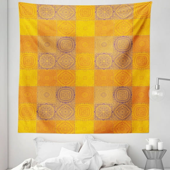 Ethnic Tapestry, Design Patchwork Style Squares in Oriental Pattern Print, Fabric Wall Hanging Decor for Bedroom Living Room Dorm, 5 Sizes, Orange Violet, by Ambesonne