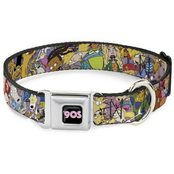 Nickelodeon Pet Collar, Dog Collar Metal Seatbelt Buckle, Nick 90s Rewind Character Mash Up Collage Pinks, 9.5 to 13 Inches 1.0 Inch Wide