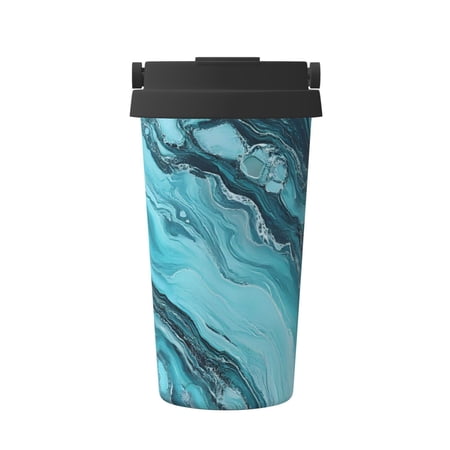 Portable Thermos Cup Coffee Cup 6.9&times;3.4in Invisible Ring Easy To Carry For Car Cafe Office Home Teal Marble_1