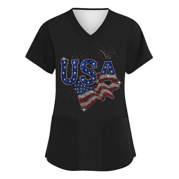 250 Anniversary Usa Scrub Tops for Women American Flag Print Patriotic Short Sleeve Tops V Neck Moisture Wicking Relaxed Fit Casual Tshirt with Pockets, #01 Black, L