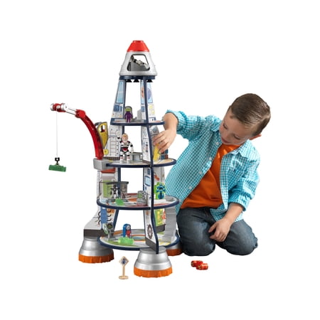 KidKraft Wooden 3-Section Rocket Ship Play Set with Moving Crane  Astronauts  Aliens and Robots