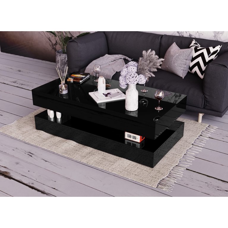 39.4 in. Black Modern Square Wood Coffee Table with Large Soft-Close Storage Drawer