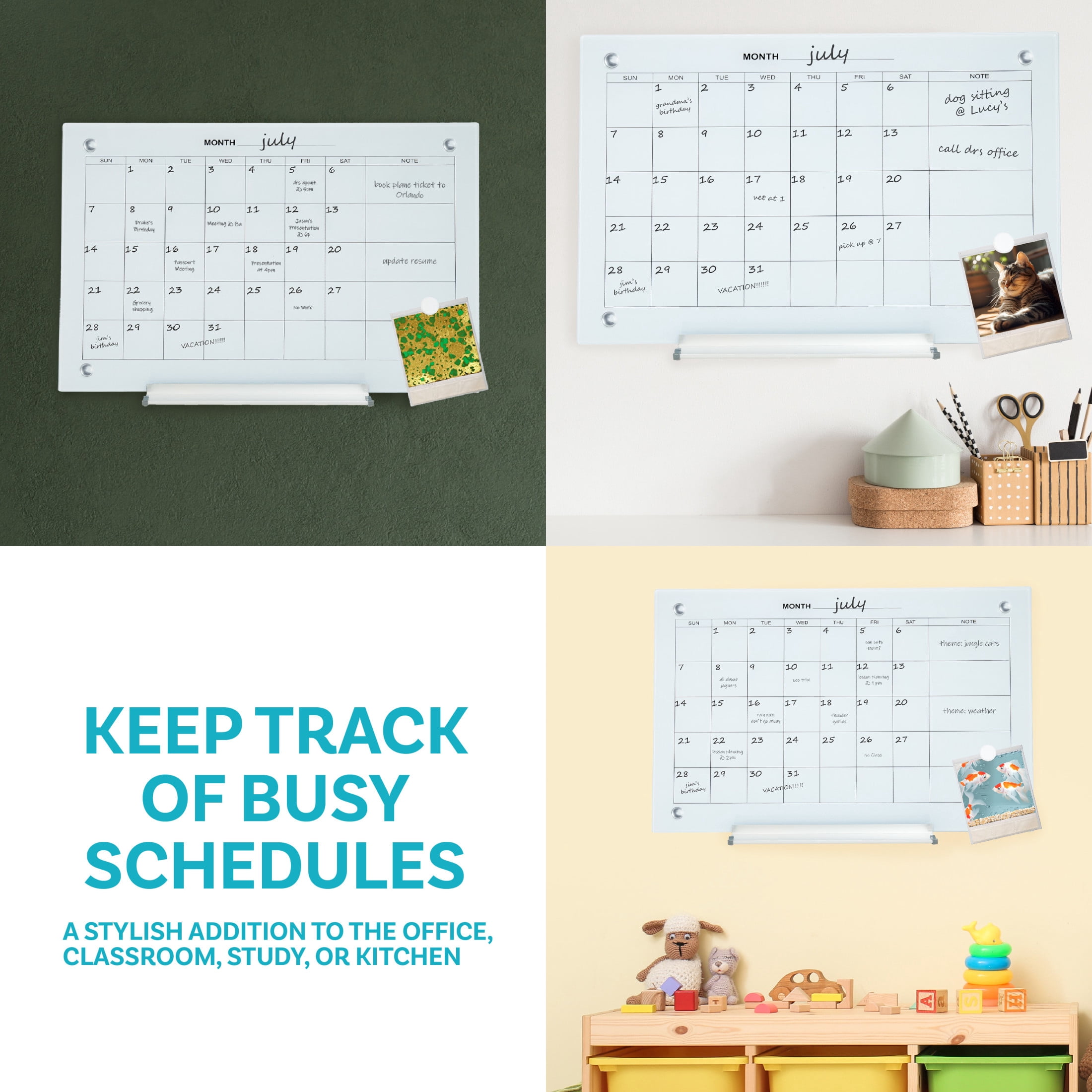 Sunnydaze Glass Calendar Dry Erase Board for Wall, 23" x 17" (White)