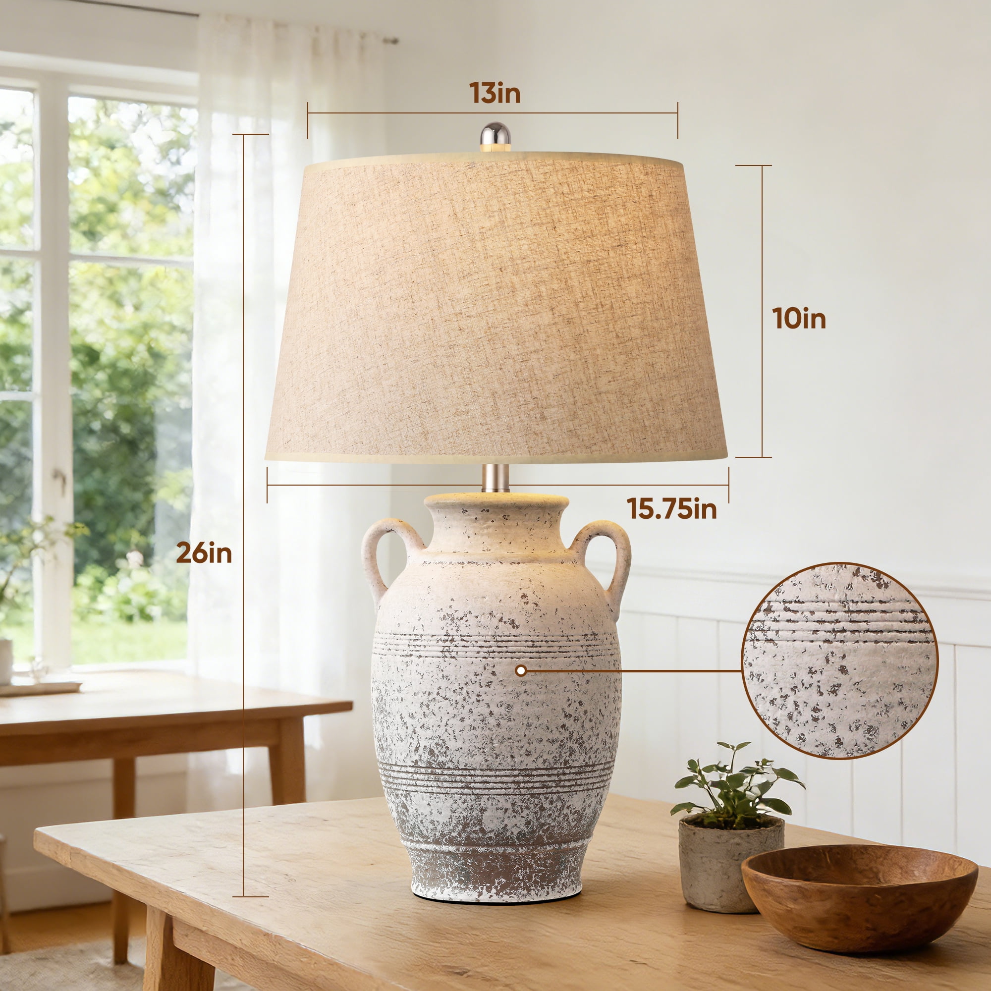 26in Farmhouse Ceramic Table Lamp, 3-Way Dimmable Bulb Included, Rustic Bedside Light for Bedroom Living Room
