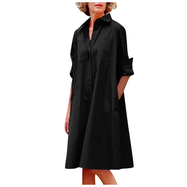 Robes Femmes Printemps Été Décontractées Couleur Unie Col à Revers Bouton Longue Chemise Robe